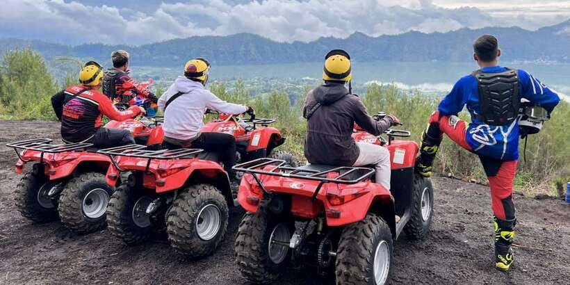 Bali: ATV Batur Sunrise, Lava, Pine Forest and Hot Spring - A dusty route through pine trees and black volcanic rock